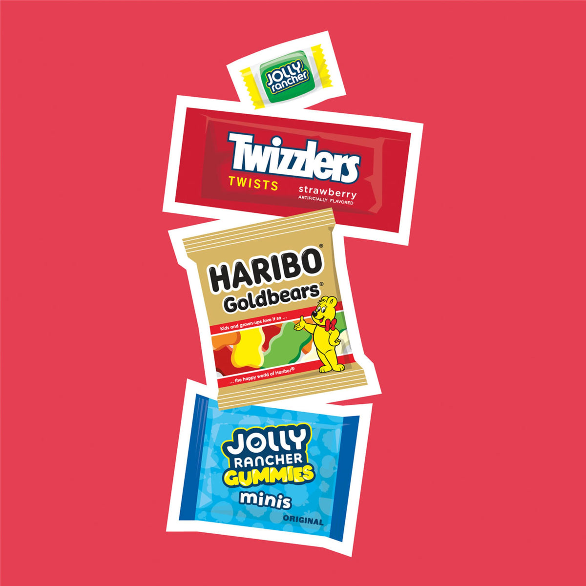 Colorful candy display for events featuring HARIBO, JOLLY RANCHER, TWIZZLERS.