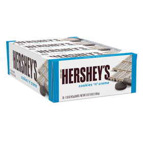 HERSHEY'S Cookies 'n' Creme bars pack shot showing a 36-count bulk box for pantry stocking.