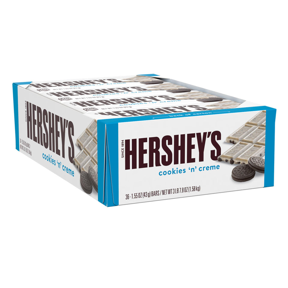 HERSHEY'S Cookies 'n' Creme bars pack shot showing a 36-count bulk box for pantry stocking.