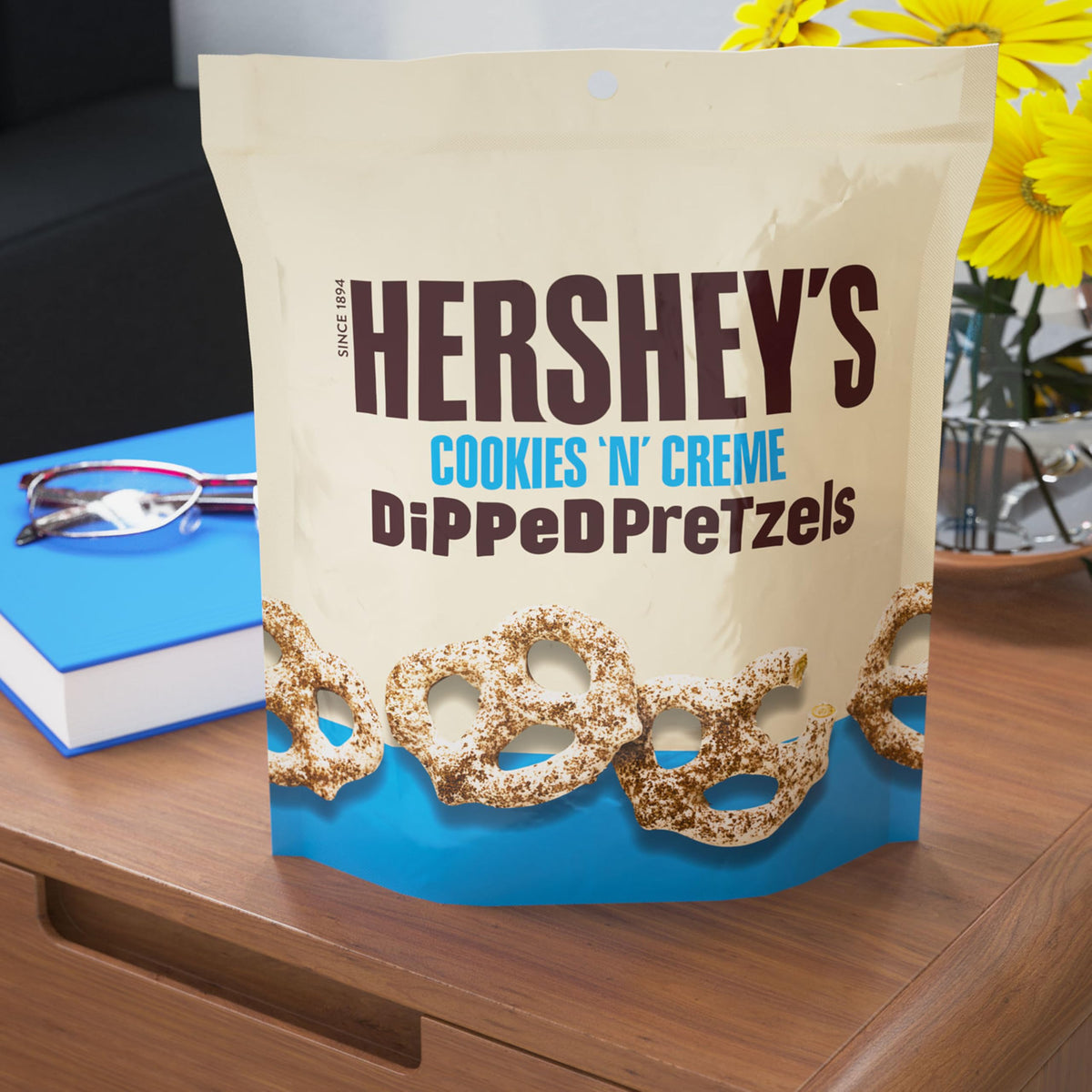 HERSHEY'S Cookies 'n' Creme Dipped Pretzels—office snack option for quick treats.