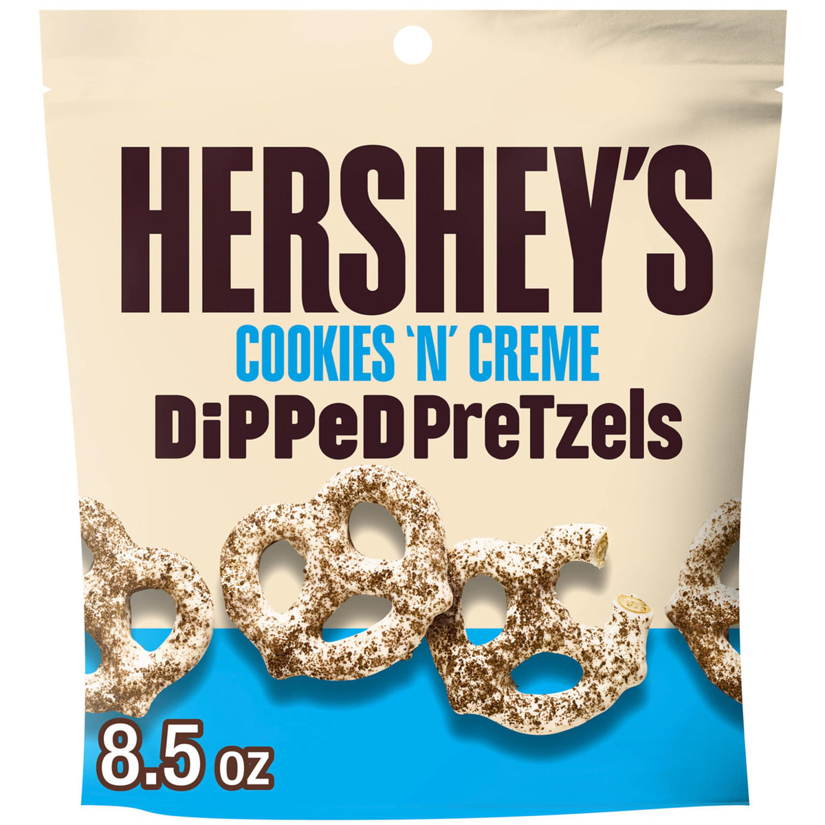 HERSHEY'S Cookies 'n' Creme Dipped Pretzels with white-creme coating, a salty-sweet snack.