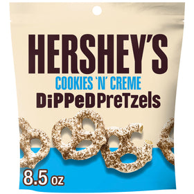 HERSHEY'S Cookies 'n' Creme Dipped Pretzels with white-creme coating, a salty-sweet snack.