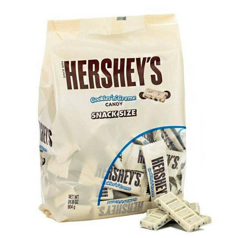 HERSHEY'S Cookies n' Creme snack-size bars show cookie bits in white chocolate for shareable sweetness.