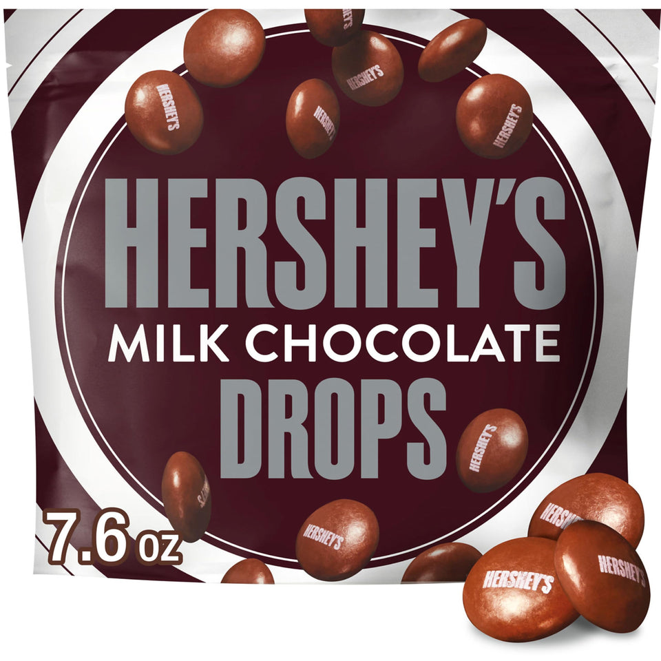 HERSHEY'S Drops Milk Chocolate Candy bag resealable for easy sharing on the go.