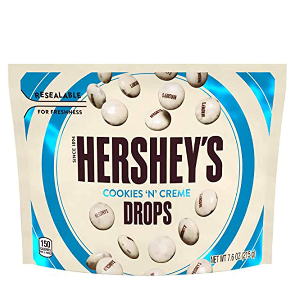 Hershey's Drops White Chocolate Cookies & Cream bag close-up, ready for snacking.