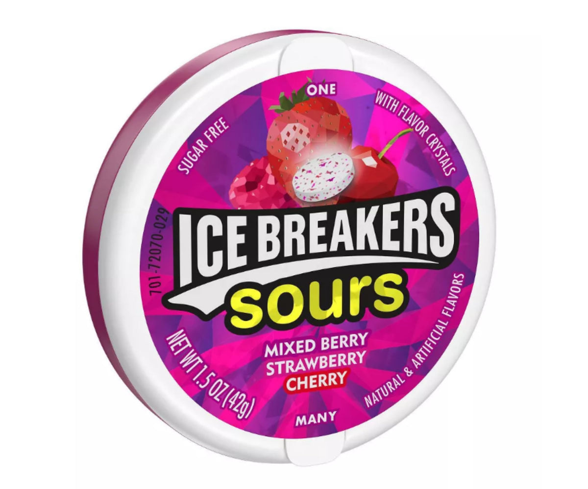 Hershey's Ice Breakers Sours closeup reveals strawberry mixed berry and cherry notes