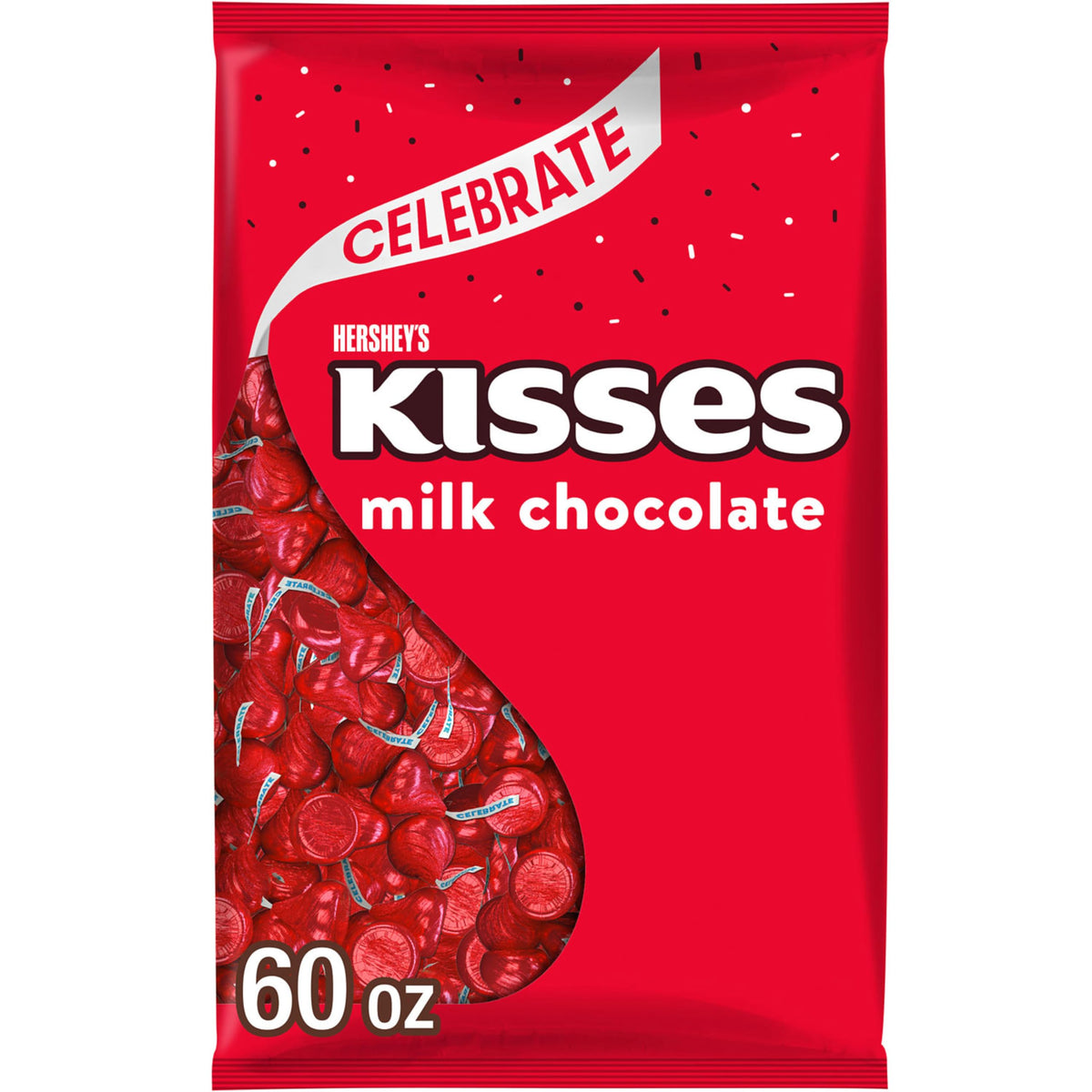 HERSHEY'S KISSES milk chocolate bulk bag with red foil wrappers, ideal for parties and gifting.