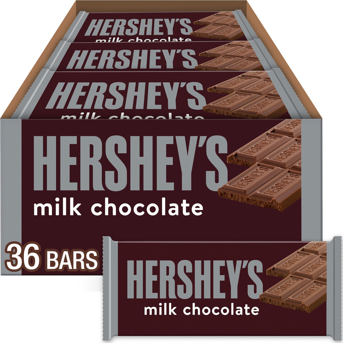 Hershey's Milk Chocolate Bars bulk box front view, ideal for events and everyday sharing.