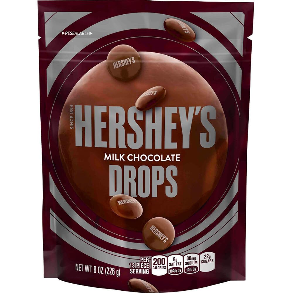 Hershey's Milk Chocolate Drops bag with bite-sized pieces for everyday snacking.