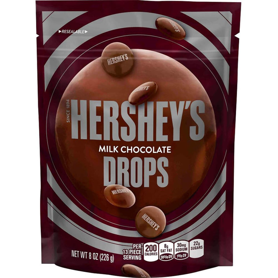 Hershey's Milk Chocolate Drops bag with bite-sized pieces for everyday snacking.