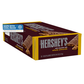 Hershey's Milk Chocolate with Almonds bars in a 36-count box, perfect for sharing.