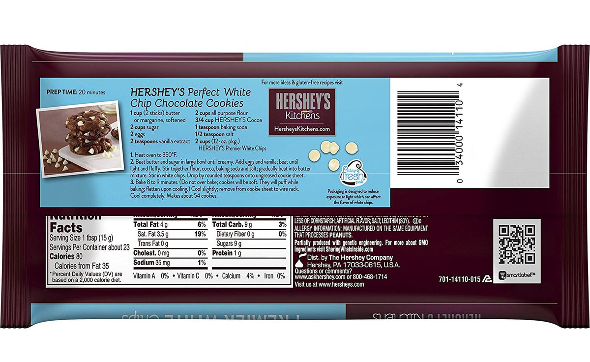 Hershey's Premier White Baking Chips closeup showing smooth chips ideal for melting.
