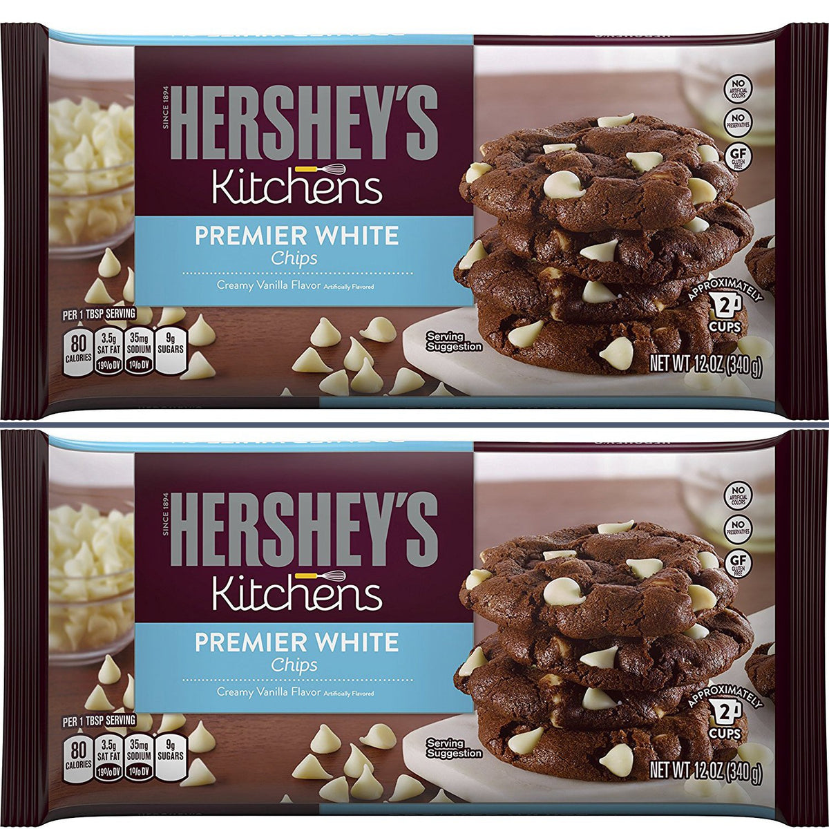 Hershey's Premier White Baking Chips front view for versatile baking and sharing.