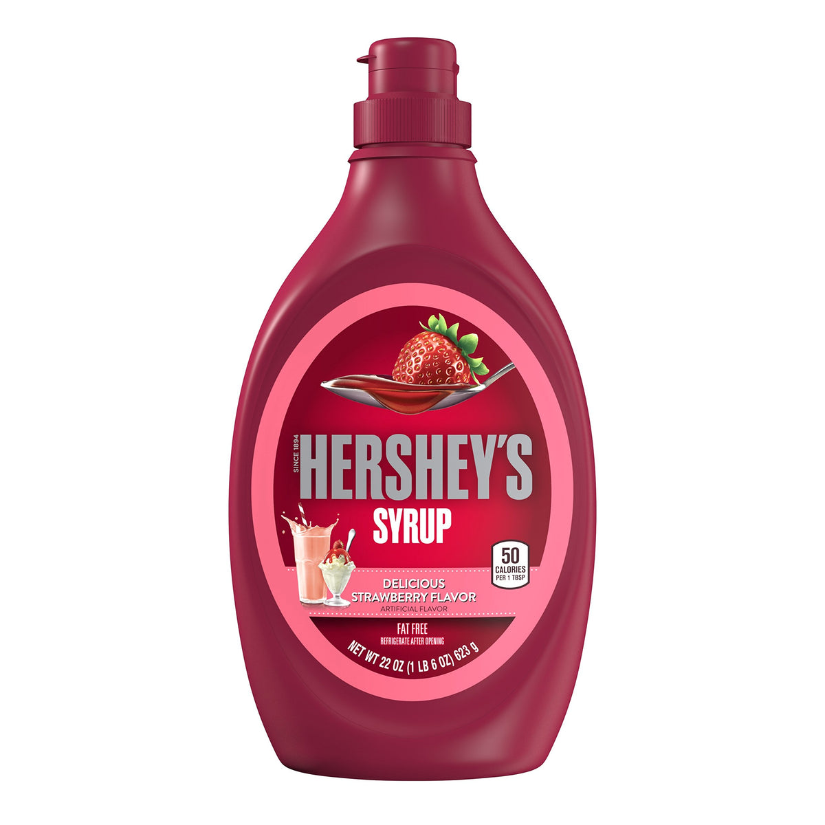 Hershey's Strawberry Syrup 22oz bottle pouring over ice cream for rich flavor