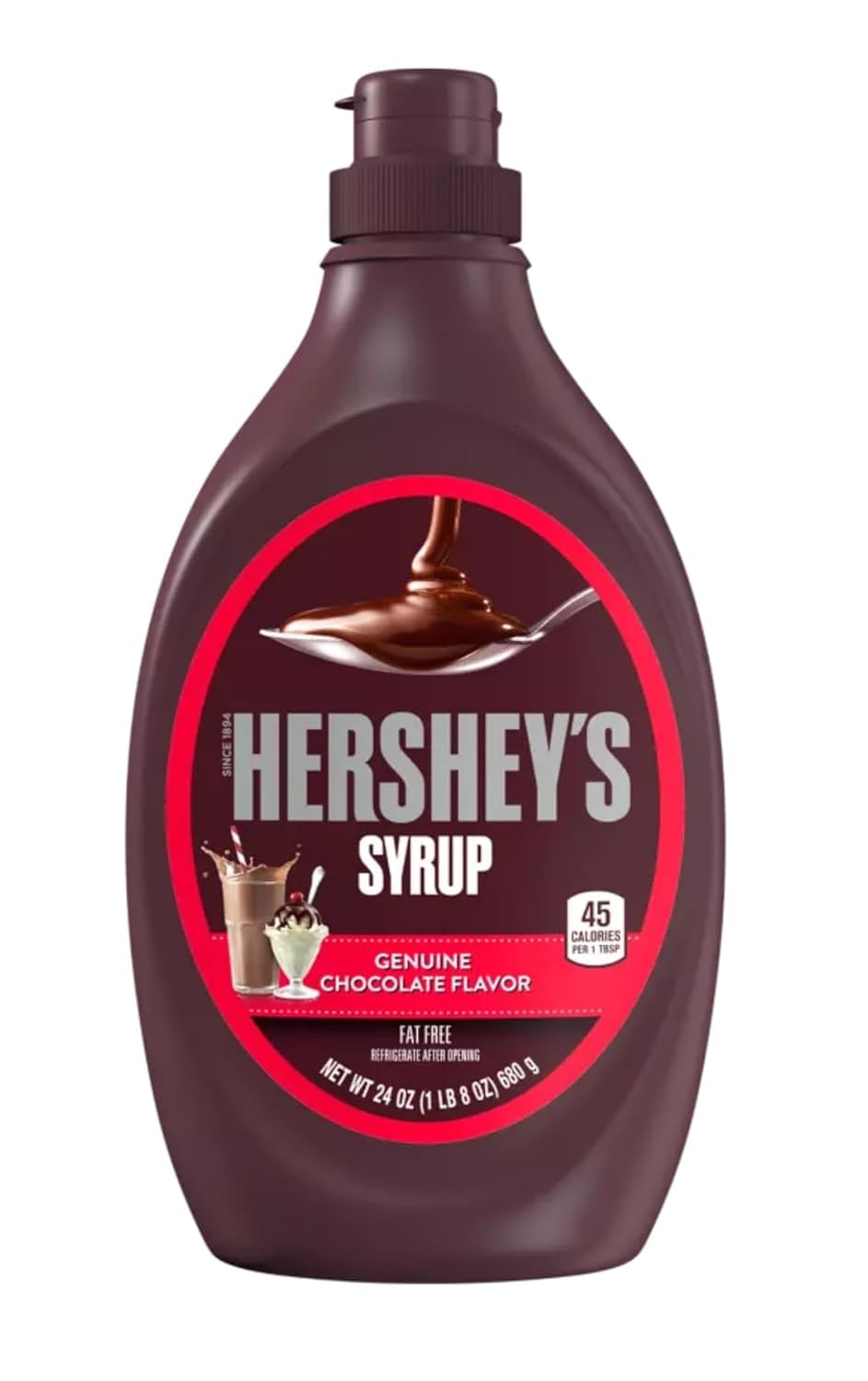 Hershey's Strawberry Syrup bottle drizzled over desserts for real fruit taste
