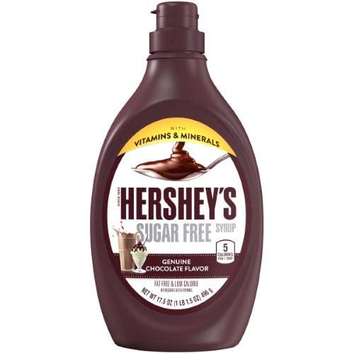 Hershey's Sugar Free Chocolate Syrup bottle pour for dessert topping and sugar-conscious treats.