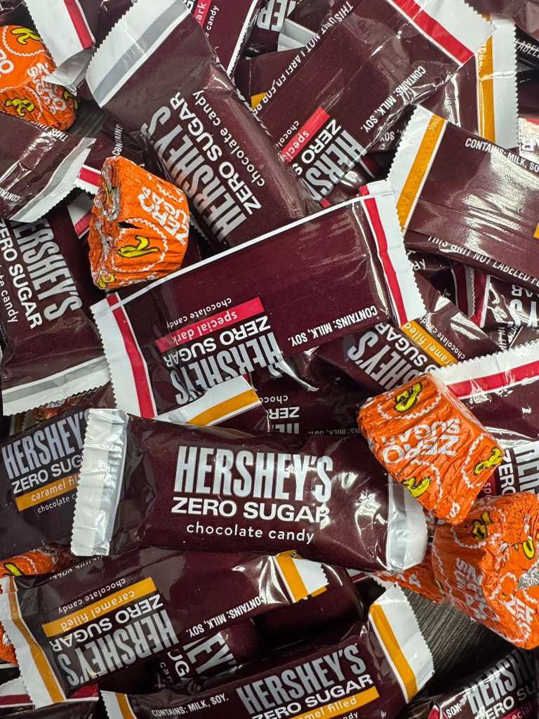 Hershey's Zero Sugar chocolate candy bag showing assorted pieces for sugar-free snacking.