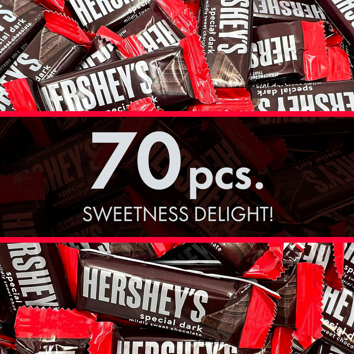 Hershys Special Dark Mildly Sweet Chocolate individually wrapped bars, perfect for party treats and sharing.