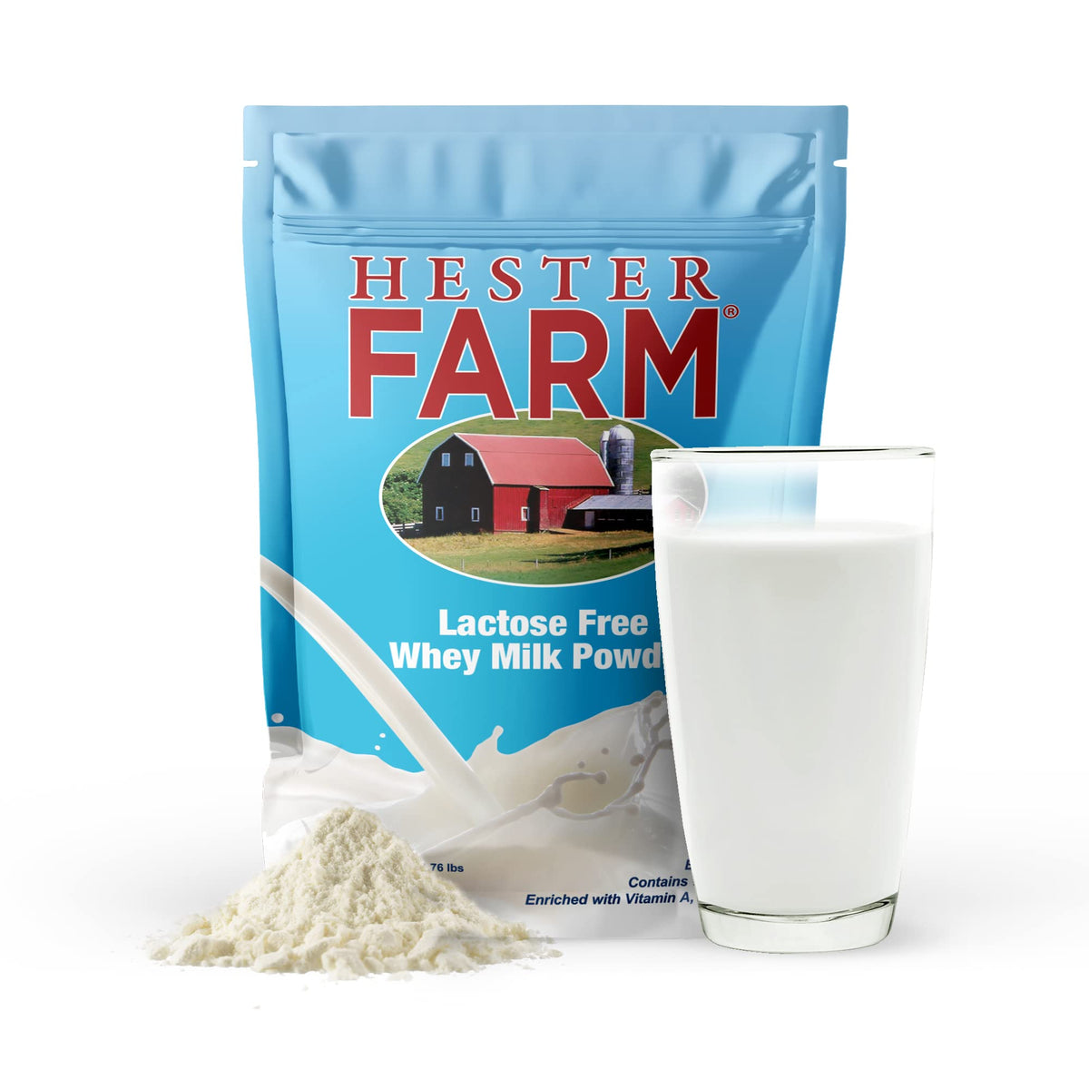 Hester FARM lactose-free milk powder bag front showing resealable packaging for freshness