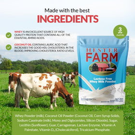 Hester FARM whey-based milk powder chocolate mix poured into a cup