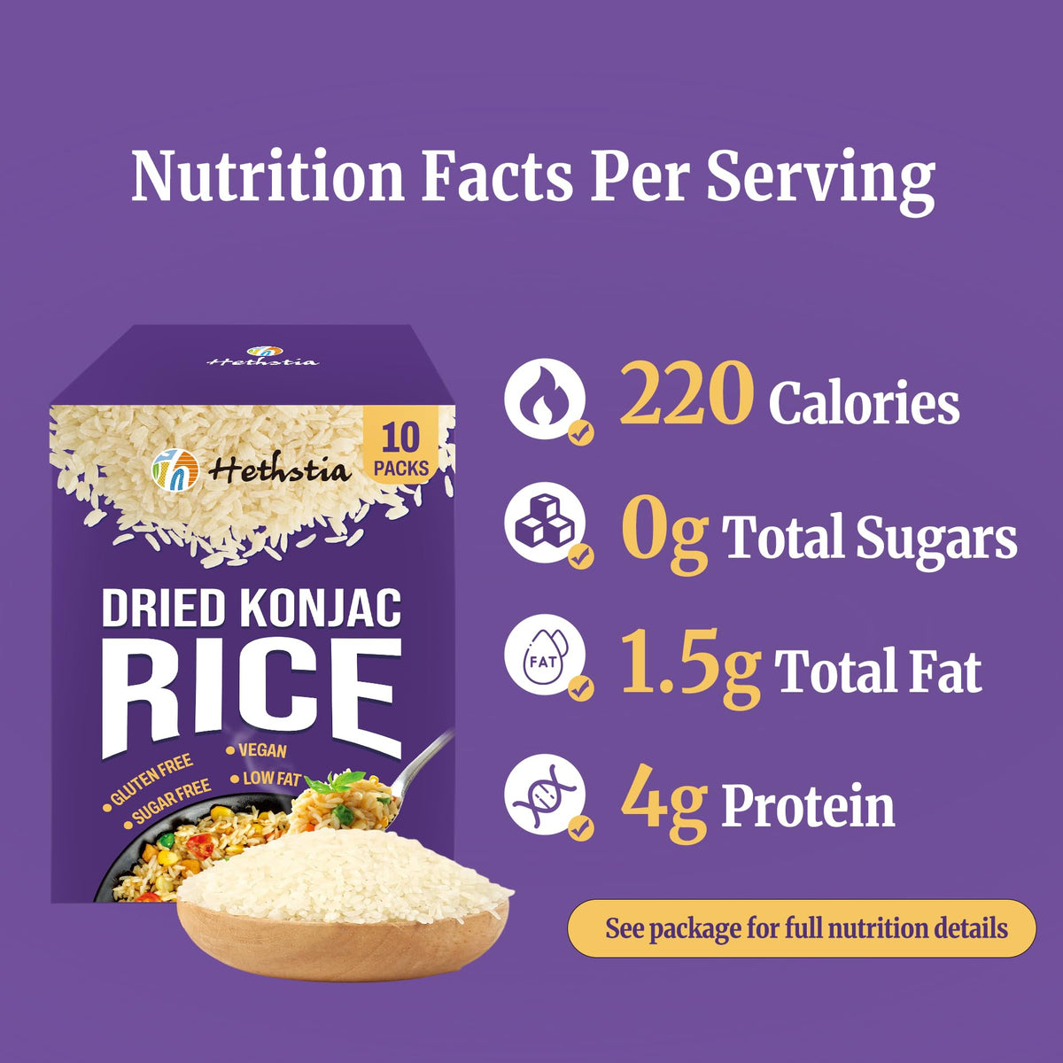Hethstia rehydrated konjac rice expands to a lighter texture.