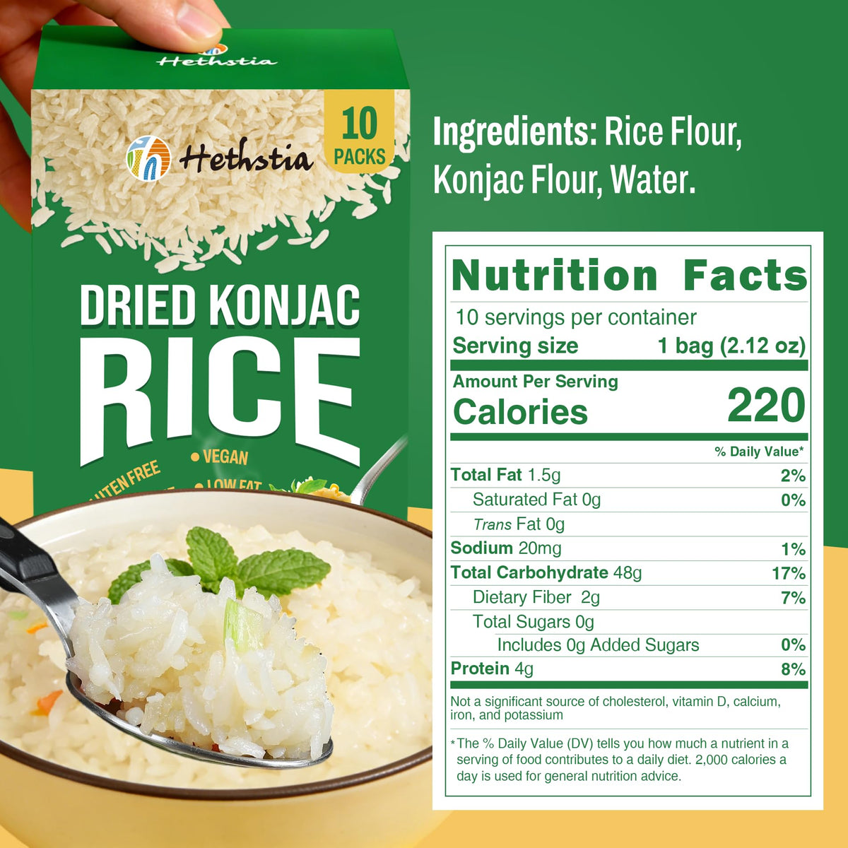 Hethstia Shirataki rice ready-to-serve bowl after hydration.