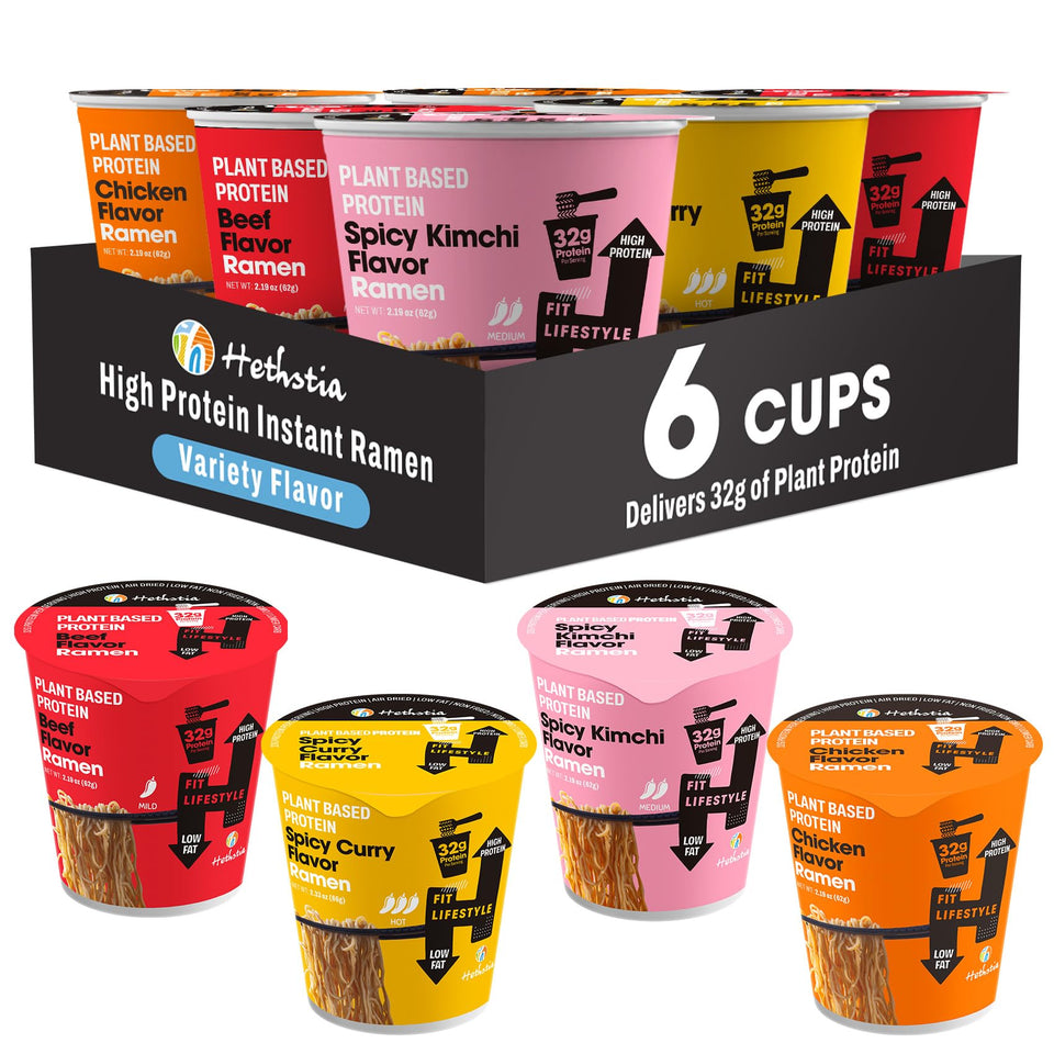 Hethstia chicken flavor ramen cup provides 32g plant protein for quick meals.