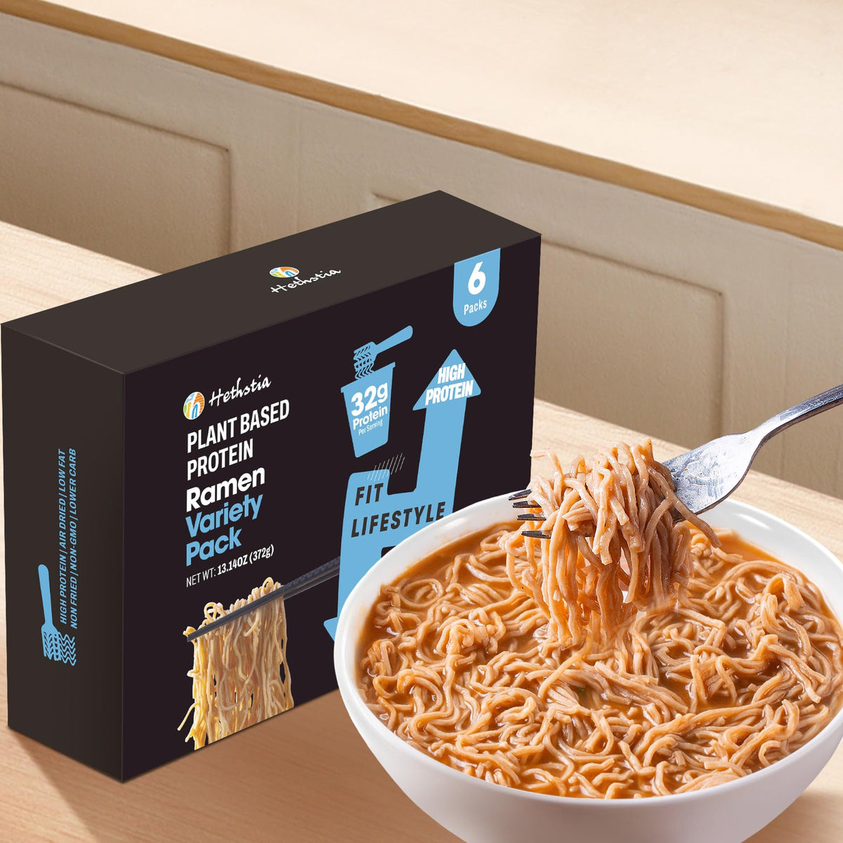 Hethstia ramen cups on shelf ready for easy lunches.