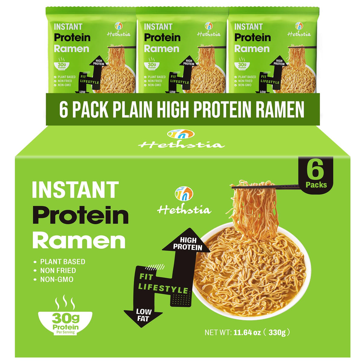 Hethstia High Protein Ramen plain 6-pack front, convenient bulk meal option.