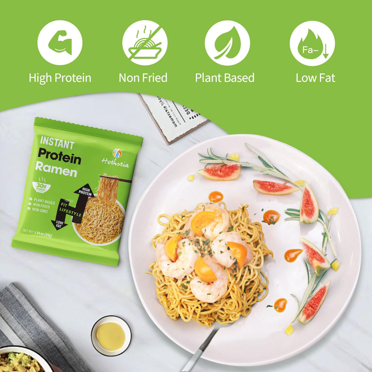 Hethstia High Protein Ramen plain packaging closeup highlighting non-fried formula.
