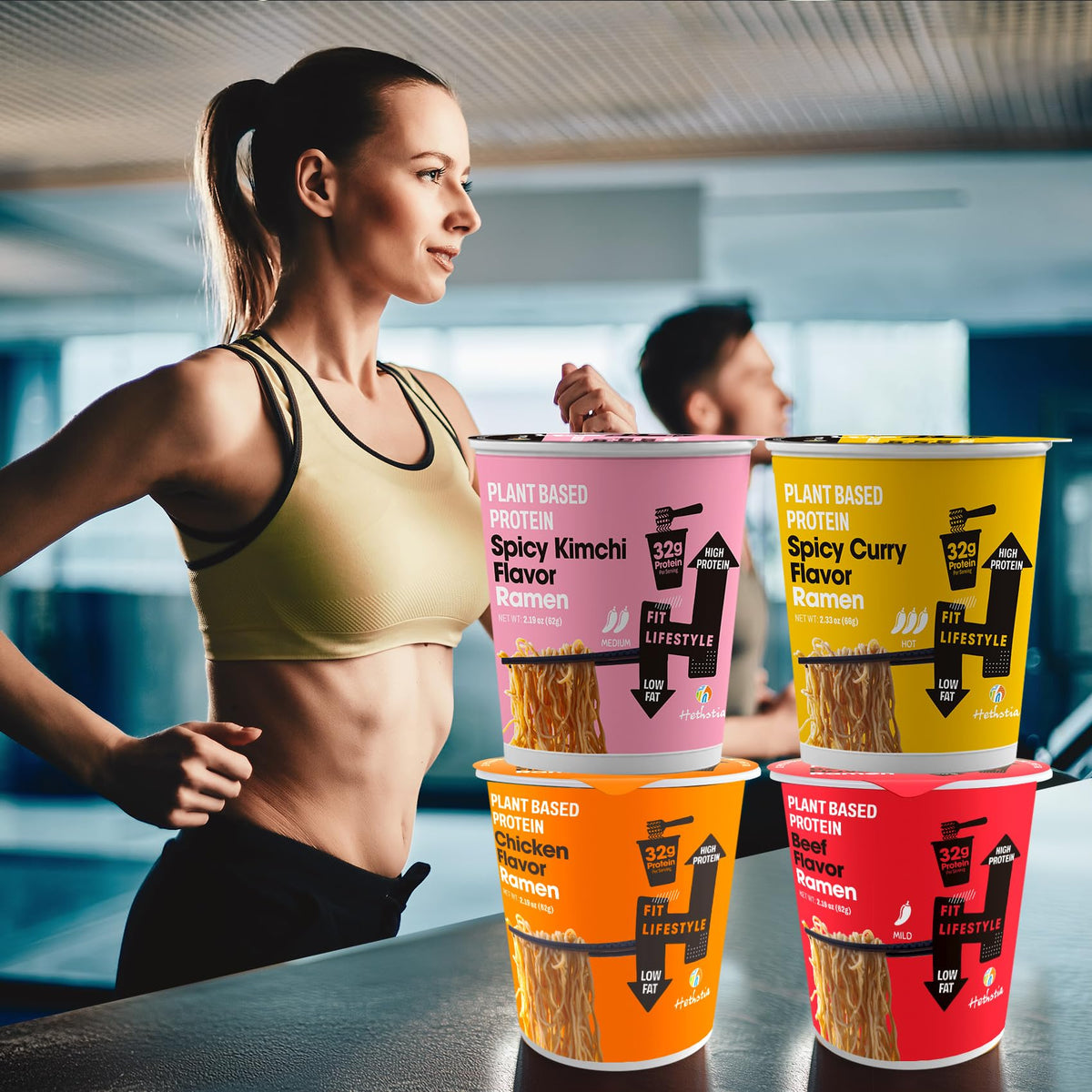Hethstia spicy curry ramen cup blends aroma with 32g protein.