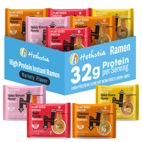 Hethstia high-protein ramen variety pack pack shot showing four flavors for quick meals