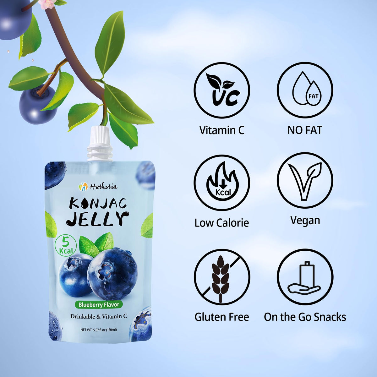 Hethstia Konjac Jelly blueberry close-up highlighting keto-friendly, vegan snack.