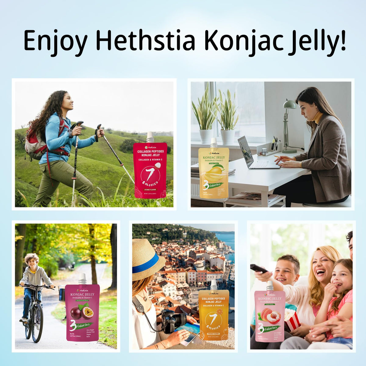 Hethstia Konjac Jelly collagen & vitamin C badge emphasizes skin and immunity benefits.