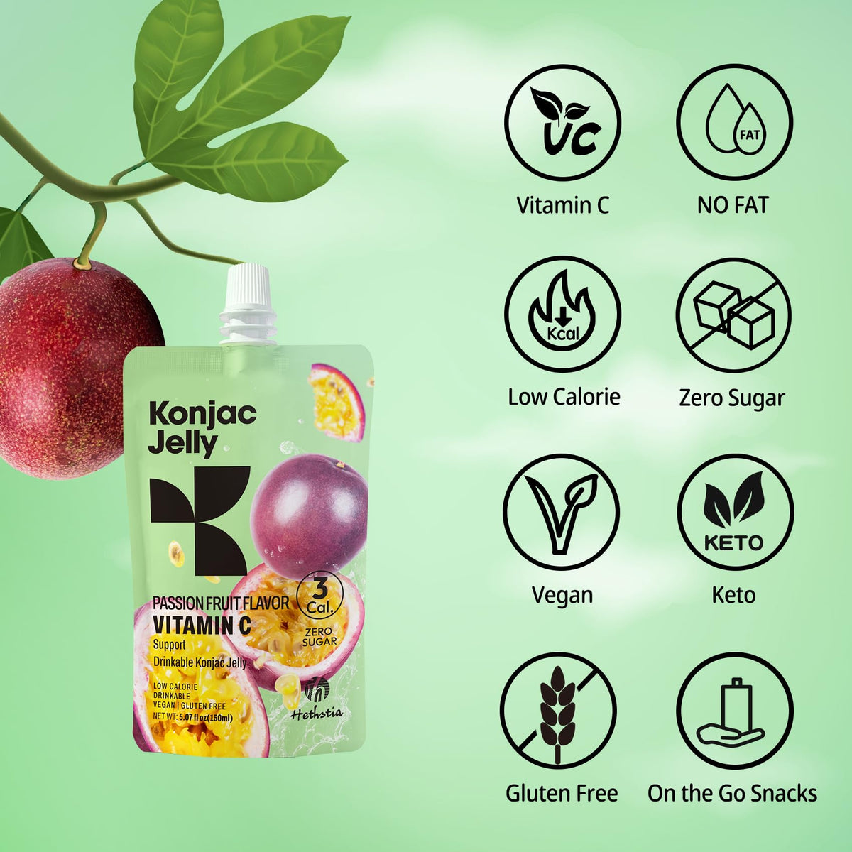 Hethstia Konjac Jelly Passion Fruit pouch ready to enjoy on the go