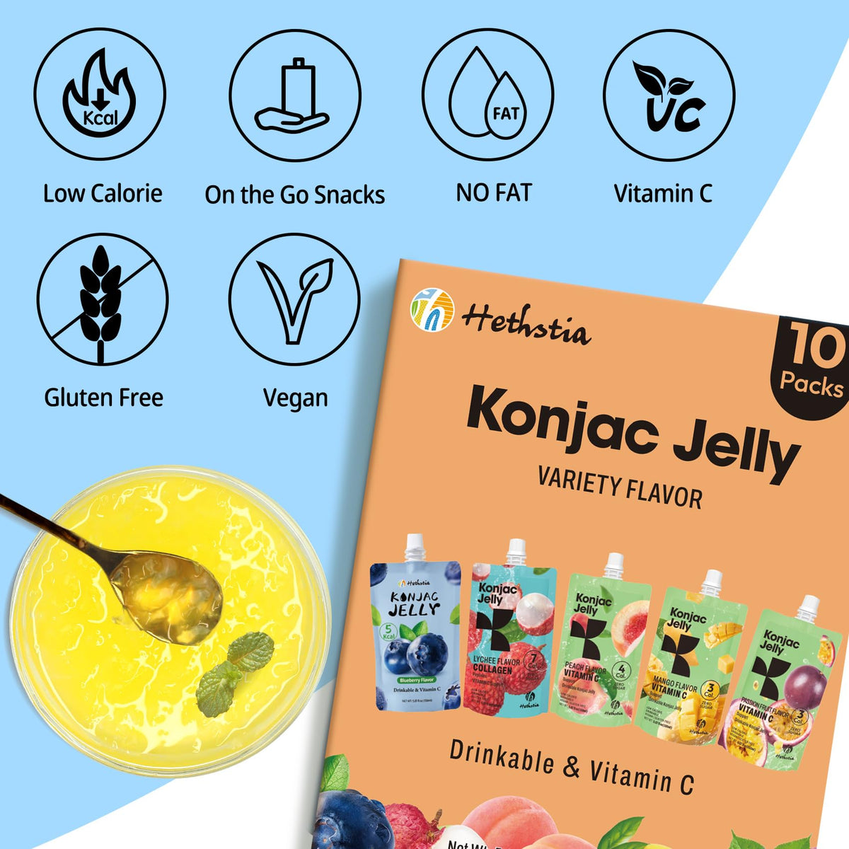 Hethstia Konjac Jelly peach pouch for a smooth fruity sip.
