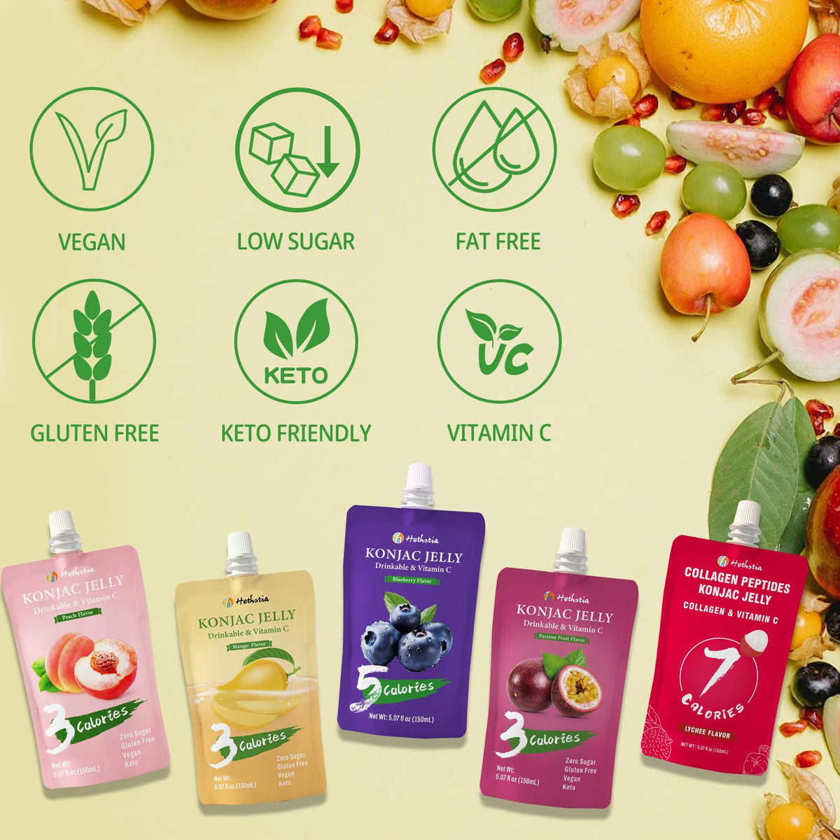 Hethstia Konjac Jelly Mango pouch: refreshing plant-based treat with real fruit.