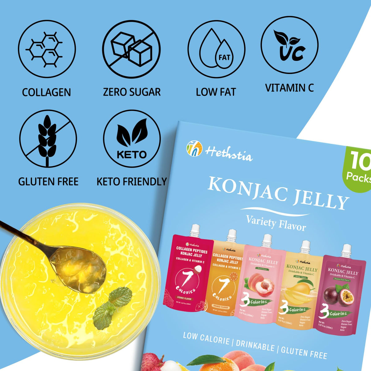 Hethstia Konjac Jelly Peach pouch delivers peachy sweetness in a low-calorie format.