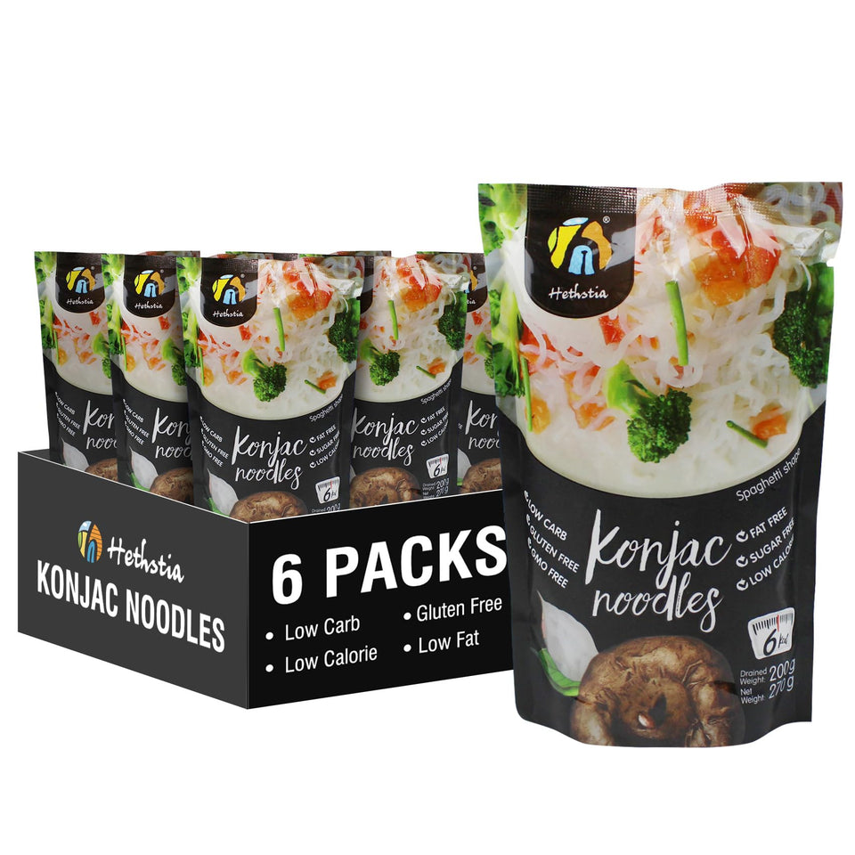 Hethstia Konjac Noodle packaging showcases convenient gluten-free, low-carb appeal.