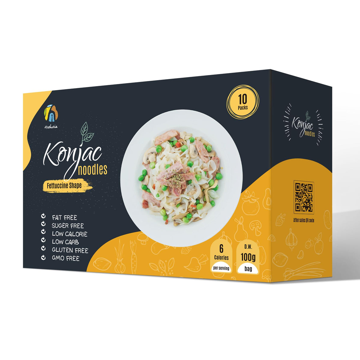 Hethstia Konjac Noodles packaging highlights gluten-free, low-carb convenience.