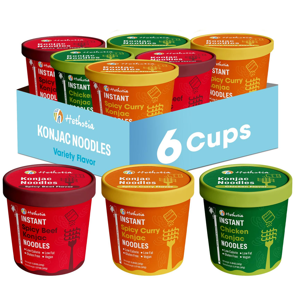 Hethstia Konjac Noodles 6-pack variety flavors for quick, low-carb meals.