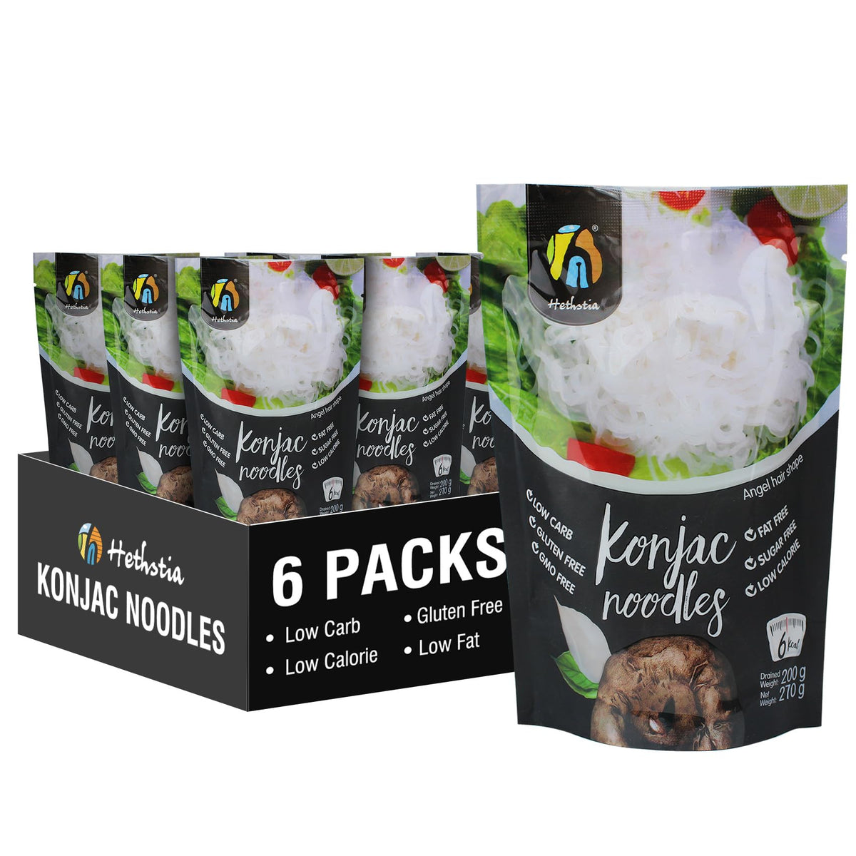 Hethstia Konjac Noodles Angel Hair pack showing a low-calorie, quick-meal option.
