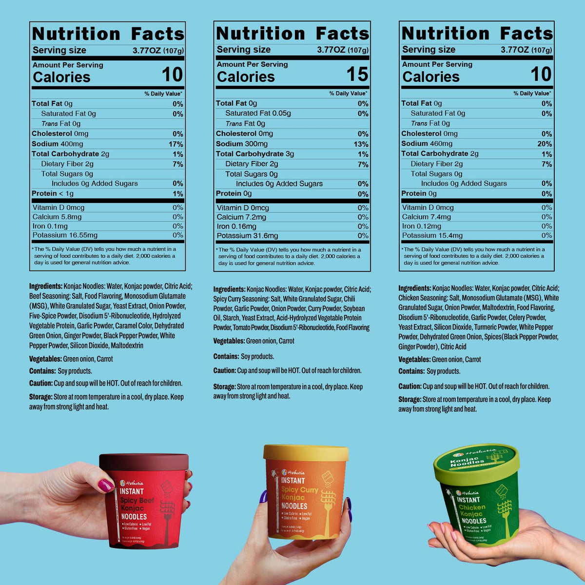 Hethstia Konjac Noodles chicken flavor cup highlights convenient, pre-cooked noodles.