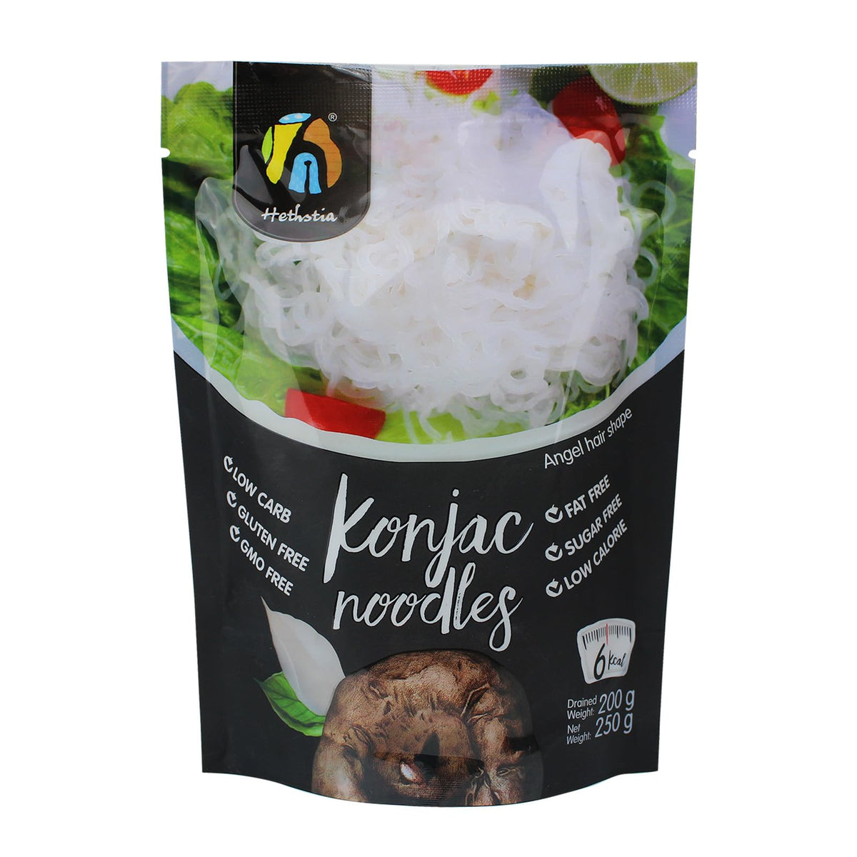 Hethstia Konjac Noodles packaging close-up highlighting six-pack convenience.