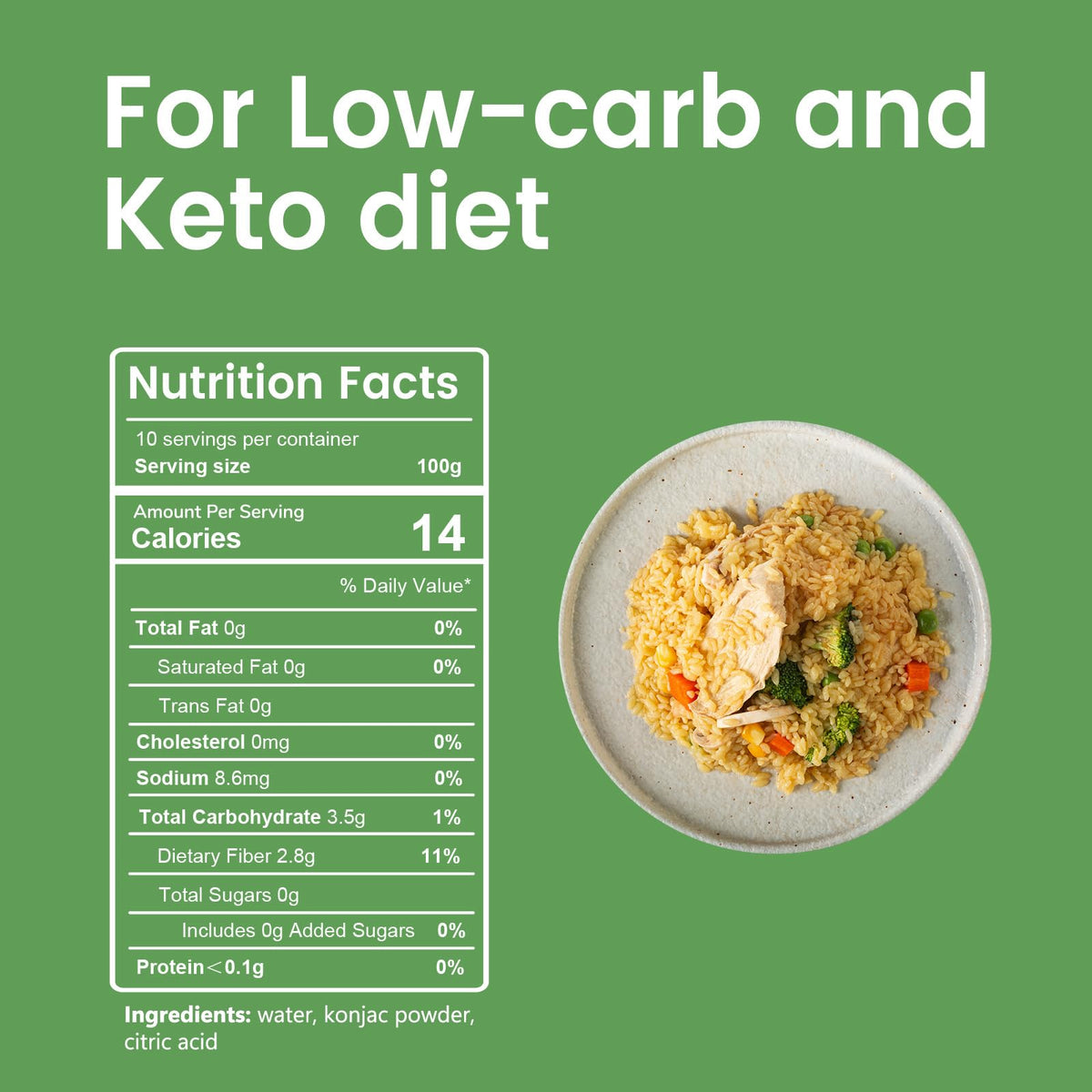 Hethstia Konjac Rice pack back explains preparation and nutritional details for quick meals.