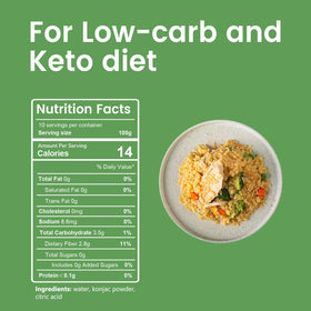 Hethstia Konjac Rice pack back explains preparation and nutritional details for quick meals.