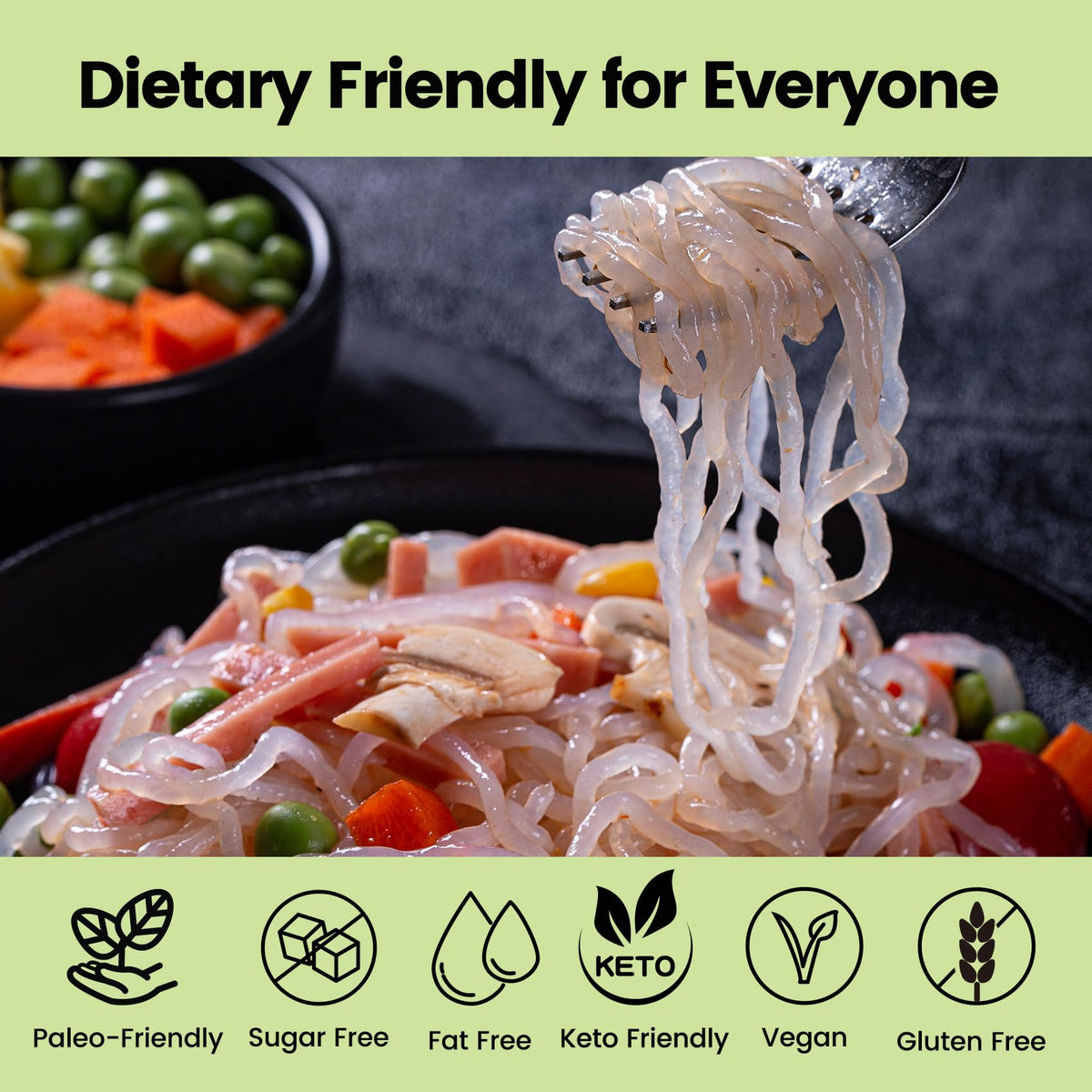Hethstia Konjac spaghetti packaging highlights ready-to-eat convenience.