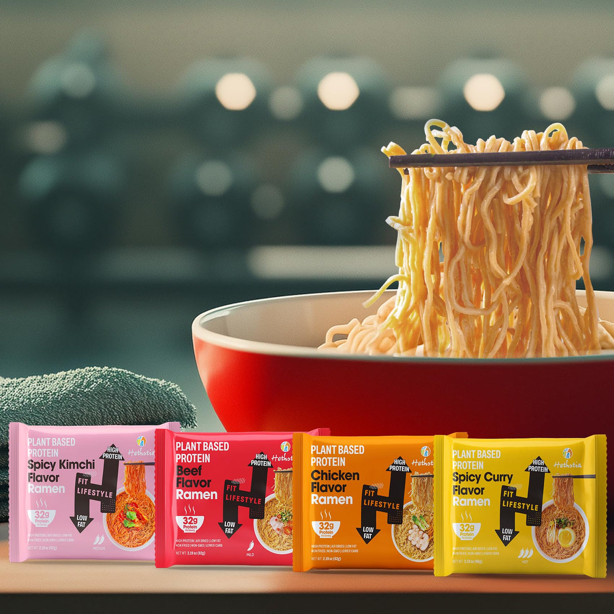 Hethstia noodles close-up detail shows non-fried, lower-fat profile