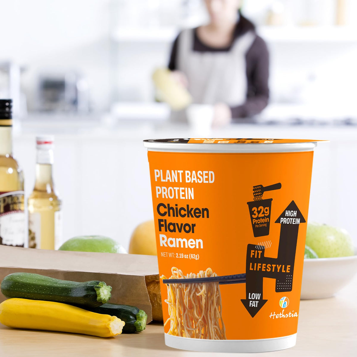 Hethstia Protein Ramen ingredients-label emphasizes non-GMO vegan ingredients.