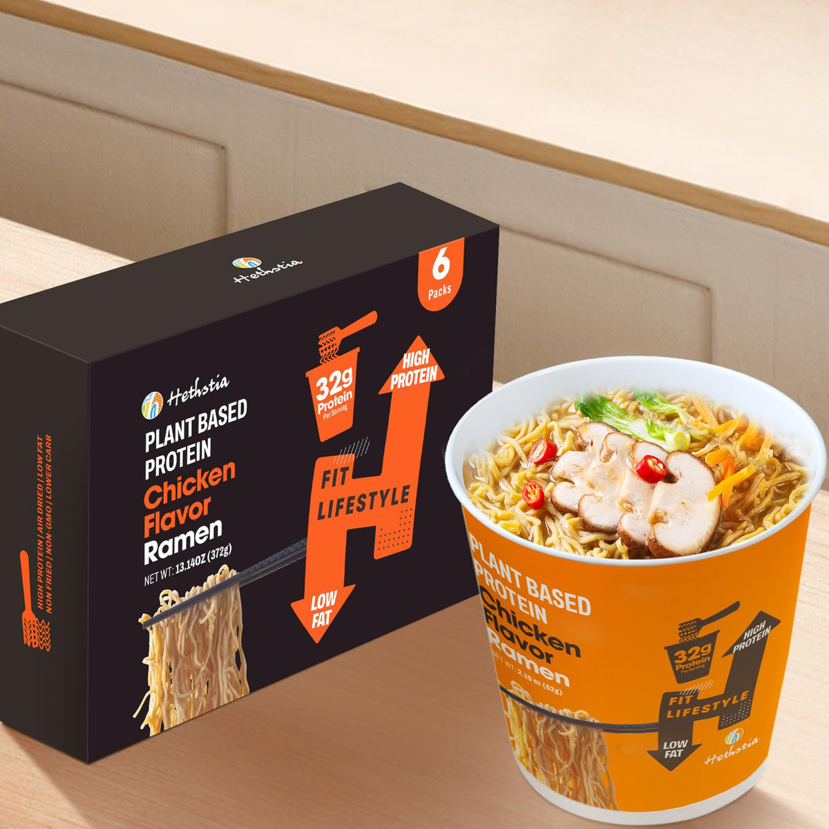 Hethstia Protein Ramen nutrition-label shows 32g plant protein per serving.